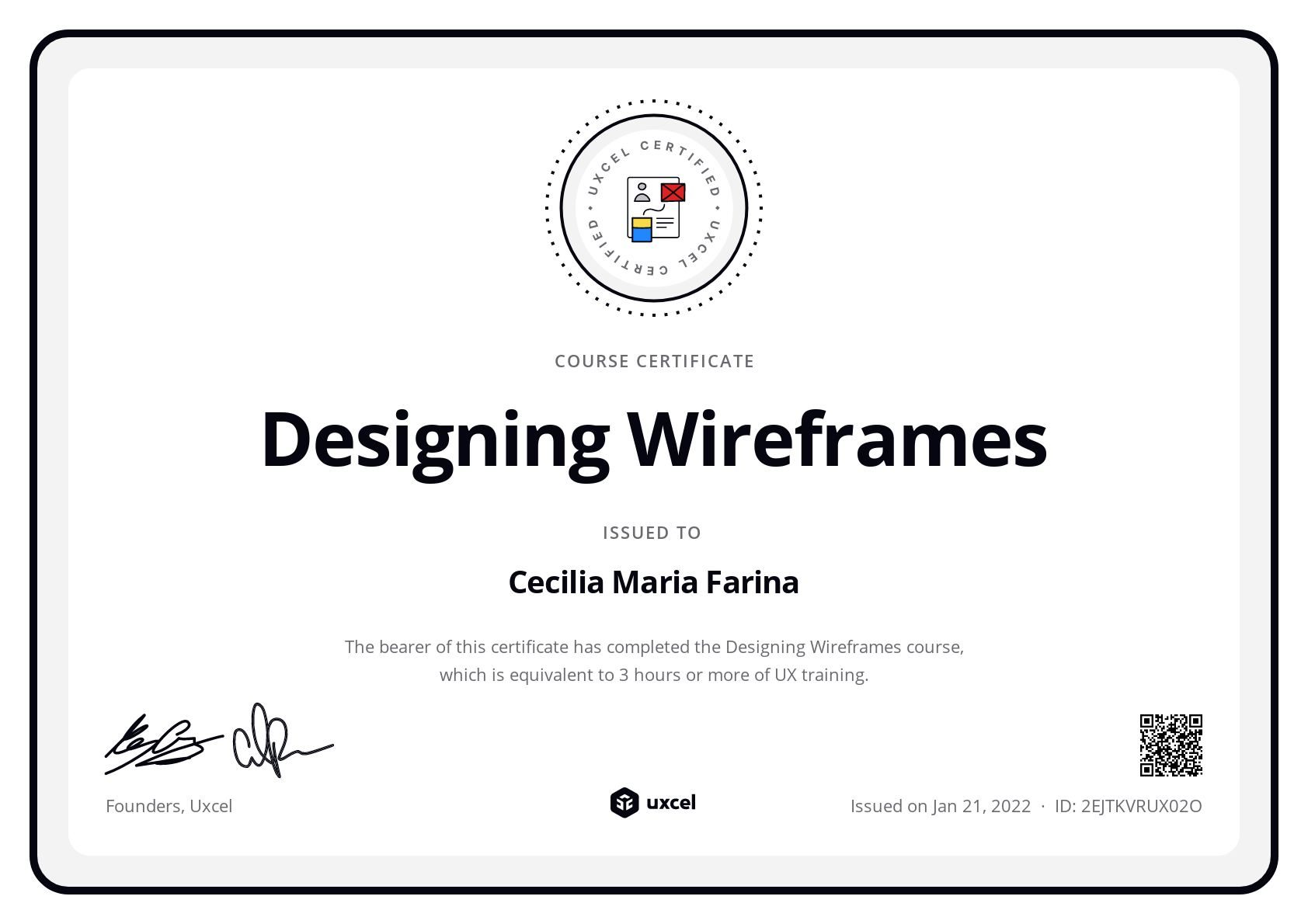 Cecilia Maria Farina's certificate